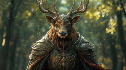 A majestic stag in ornate armor stands in a mystical forest.