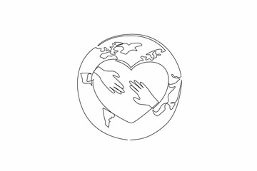 Single one line drawing heart with two palms in middle on a globe background. Global unity. Collaboration. Positive impact. Equitable world. World NGO Day. Continuous line design graphic illustration