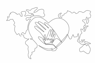 Single continuous line drawing hands stacked in the middle of a heart shape on a world map background. The global compassion. Humanitarian efforts. World NGO Day. One line design vector illustration