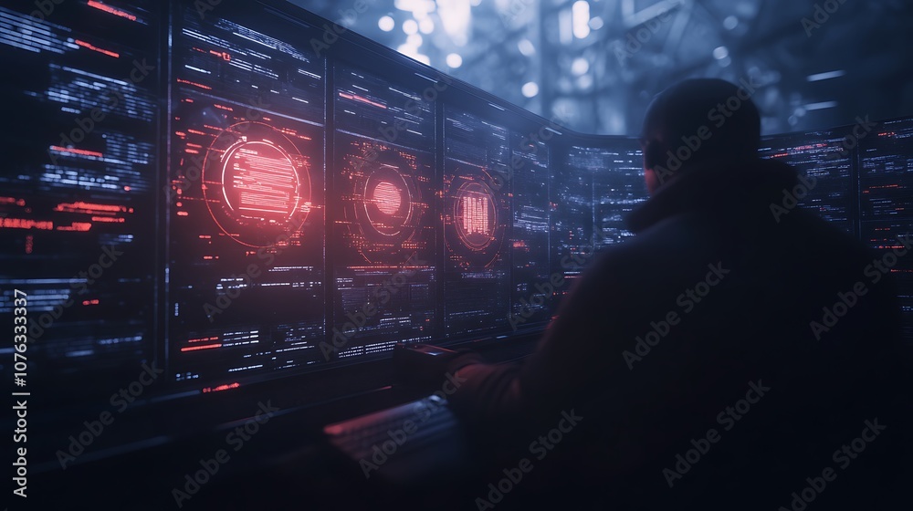 Aufkleber A figure operates high-tech monitors in a dimly lit room, with glowing data visualizations creating an atmosphere of mystery and advanced technology.