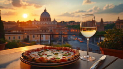 Restaurant table with a glass of wine and pizza outdoors, with panorama of Rome, Italy