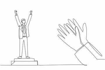 Single one line drawing man in suit and tie standing at podium. A pinnacle of achievement. Culmination of hard work. Dedication. Employee Appreciation Day. Continuous line design graphic illustration