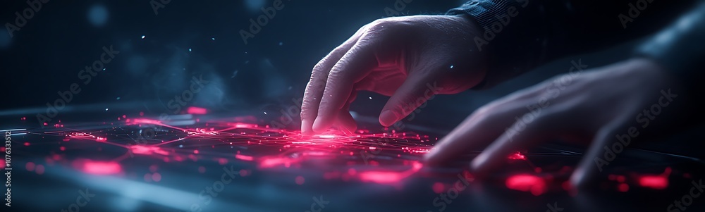 Poster A close-up of a hand hovering over glowing red digital particles, illustrating a futuristic interface or technology.