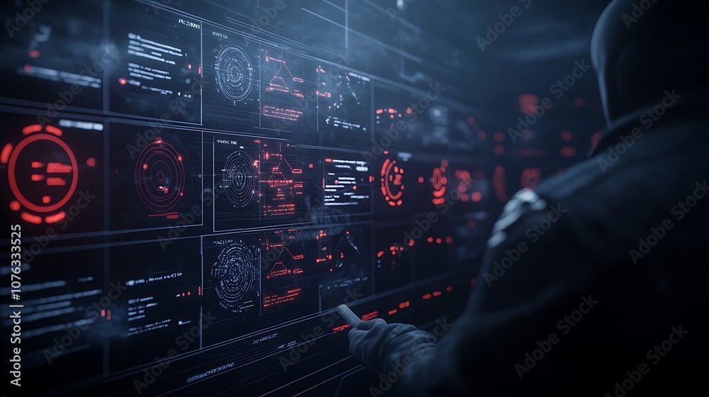 Poster A shadowy figure interacts with glowing red screens displaying data and codes, creating a mysterious and high-tech atmosphere.