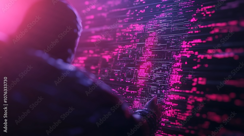 Aufkleber An abstract image featuring a figure interacting with a digital wall of colorful data points, emphasizing technology and futuristic themes.