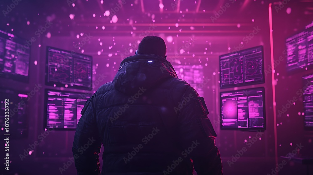 Aufkleber a figure stands before glowing screens in a dark, futuristic environment illuminated by pink and pur