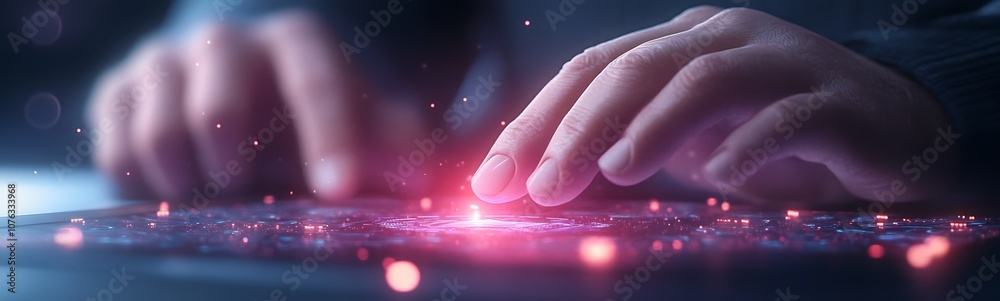 Poster A close-up of hands interacting with a glowing digital interface, signifying technology, innovation, and futuristic concepts.