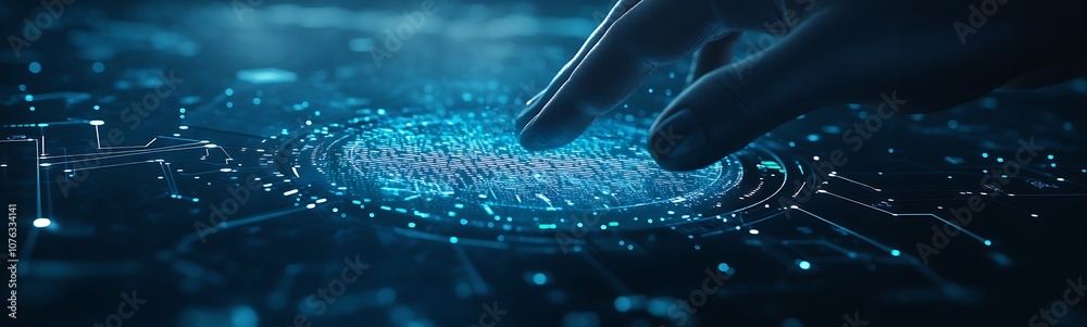 Leinwandbilder A hand gently interacts with a luminous digital interface, representing advanced technology and data visualization.