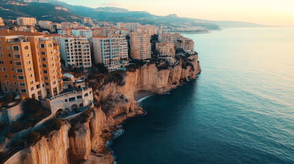 Fototapeta premium Aerial view of coastal cityscape with tall buildings on rocky cliffs overlooking the ocean during sunset with mountains in the background.