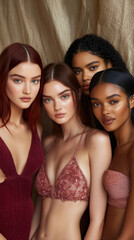 Fototapeta premium Four women in elegant attire exude confidence and grace in a warm, intimate setting, AI