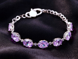 Elegant silver bracelet with sparkling purple crystals on black satin background