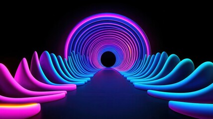 Fototapeta premium A dynamic pattern of spirals arranged symmetrically with varying volumes, glowing against a dark background, futuristic aesthetic