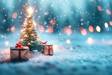A beautifully adorned Christmas tree glows in the serene night, surrounded by gift boxes on a blanket of snow, with twinkling lights and a bright star above, creating a warm winter atmosphere.