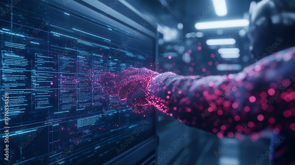 Poster A futuristic scene depicting a hand interacting with a glowing data interface, surrounded by vibrant particles, suggesting advanced technology and digital connections.