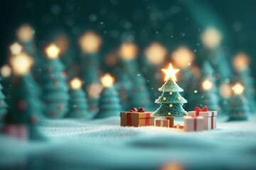 In a serene winter landscape, a beautifully decorated Christmas tree stands tall among gift boxes,...