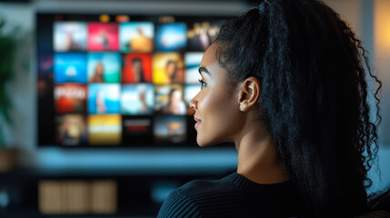 Woman Streaming OTT Content on Smart TV in Modern Living Room Setting