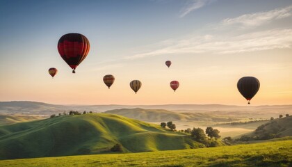 Obraz premium hot air balloons floating over rolling hills at sunrise, peaceful scene