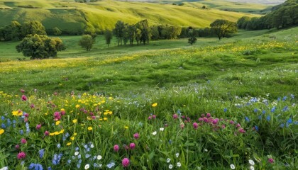 lush green meadow dotted with wildflowers, serene countryside