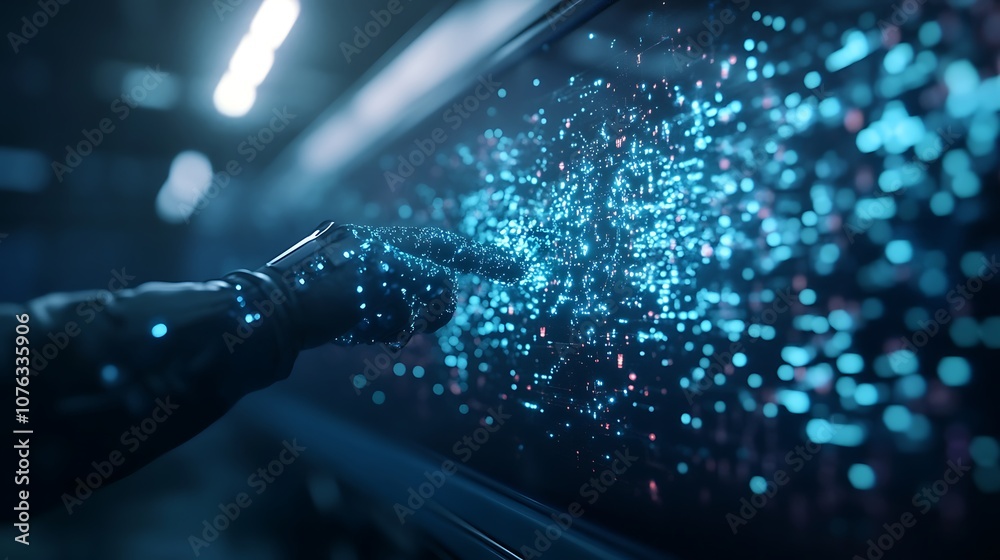 Poster a futuristic hand touches a glowing display filled with vibrant, blue particles, representing techno