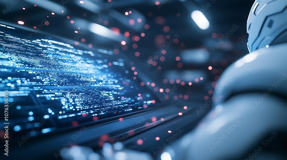 Fototapete A futuristic scene featuring a robot interacting with a glowing digital interface, surrounded by vibrant data streams and particles.