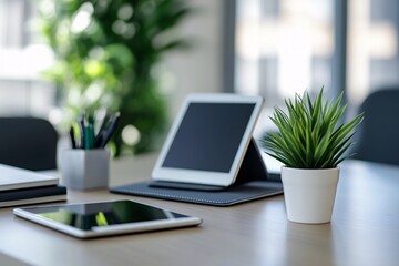 Fototapeta premium Minimalist Office Workspace with Tablet and Plant