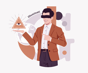 Illuminati man of secret special religious knowledge holding Eye of Providence, freemasonry society, modern design for art magazine, blog, graphic advertisement, digital social media illustration