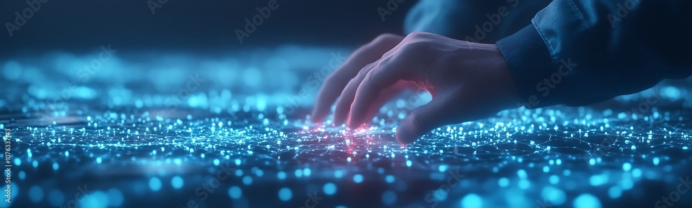 Aufkleber A glowing digital interface is being touched by a hand, creating a mesmerizing interaction with blue lights and particles.