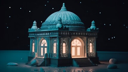 Illuminated Ornate Structure with a Domed Roof at Night