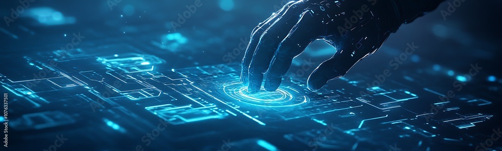Aufkleber A futuristic hand interacts with a glowing digital interface, symbolizing advanced technology and innovation in a virtual environment.