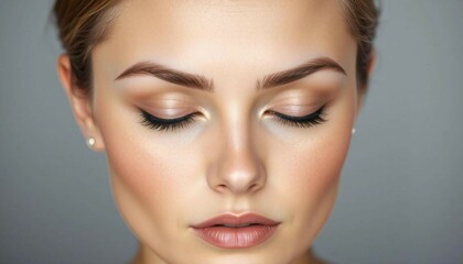 Fototapeta premium Perfect attractive female model woman closed eye showcasing eyebrows and eyelashes, elegant make-up cosmetic background