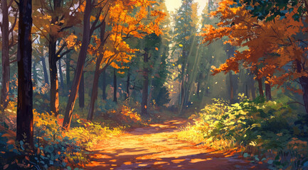 Dreamlike Autumn Forest Path with Sunlight Filtering Through