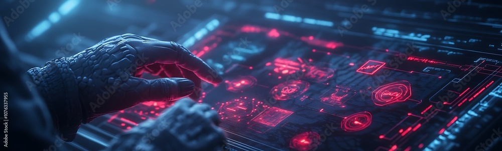 Poster A futuristic hand interacts with a glowing interface, featuring intricate red graphics in a high-tech environment.