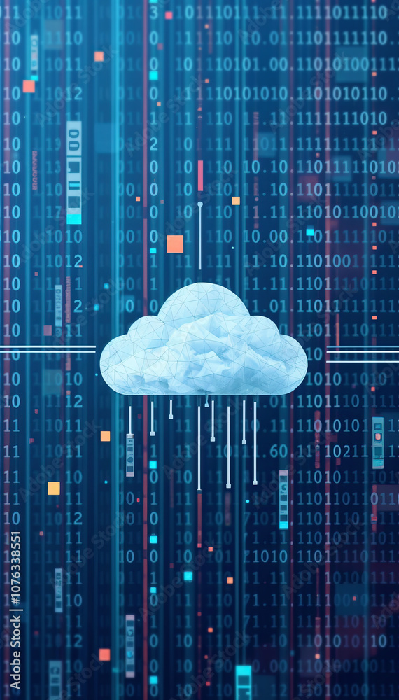 Fototapete cloud icon on blue digital background with binary code data storage and cloud computing concept vertical format