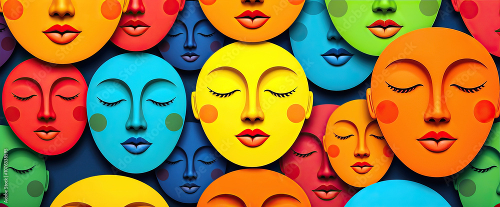 Poster colorful abstract faces pattern in pop art style vibrant multi-colored expression design