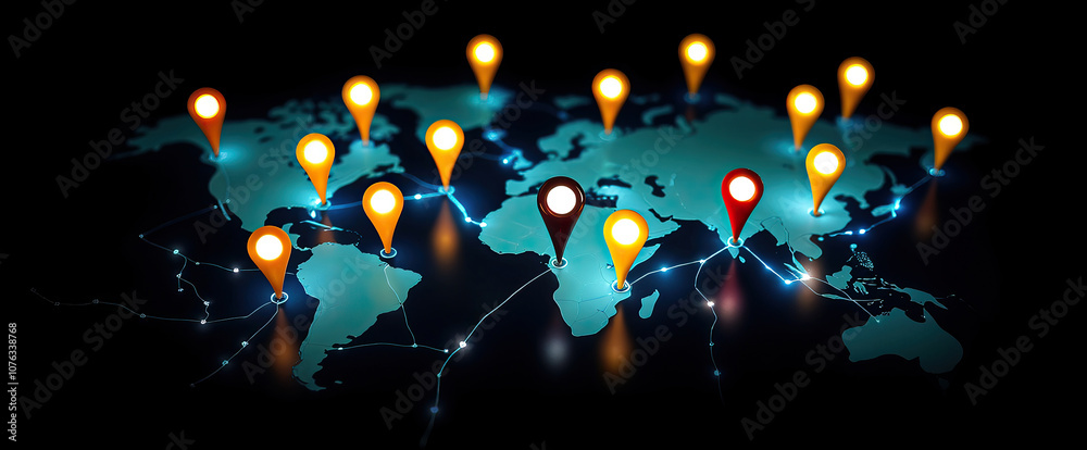 Aufkleber global network with glowing location pins and lines connecting points on dark map digital communication concept