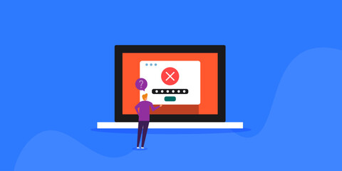 User forget password standing Infront on laptop screen, login access error, vector illustration web banner.