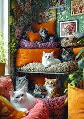 Fototapeta premium A whimsical illustration of cats lounging around in various cat beds.