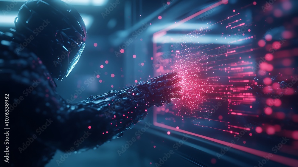 Aufkleber a mysterious figure interacts with a glowing interface, surrounded by vibrant particles, evoking a f