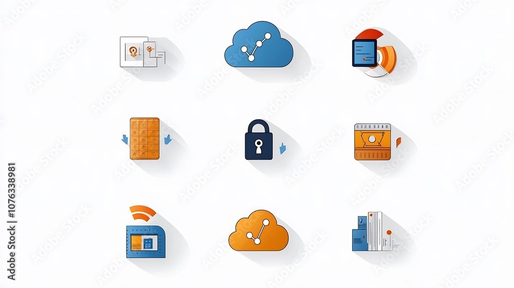 Poster Secure Cloud Storage with Encrypted Network Transfer and Lock Symbol graphic depicting cloud computing data storage and cybersecurity concepts with lock icon