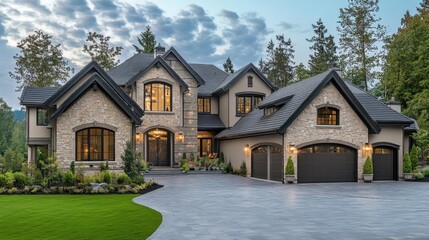 Obraz premium Luxury Home with Stone Facade and Expansive Lawn