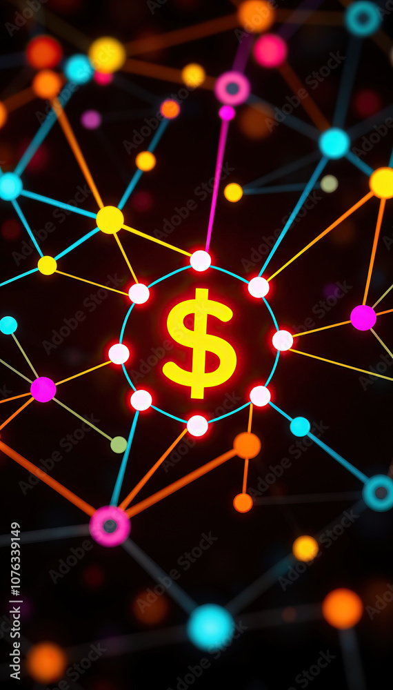 Poster glowing network with dollar sign in center financial network blockchain and cryptocurrency concept