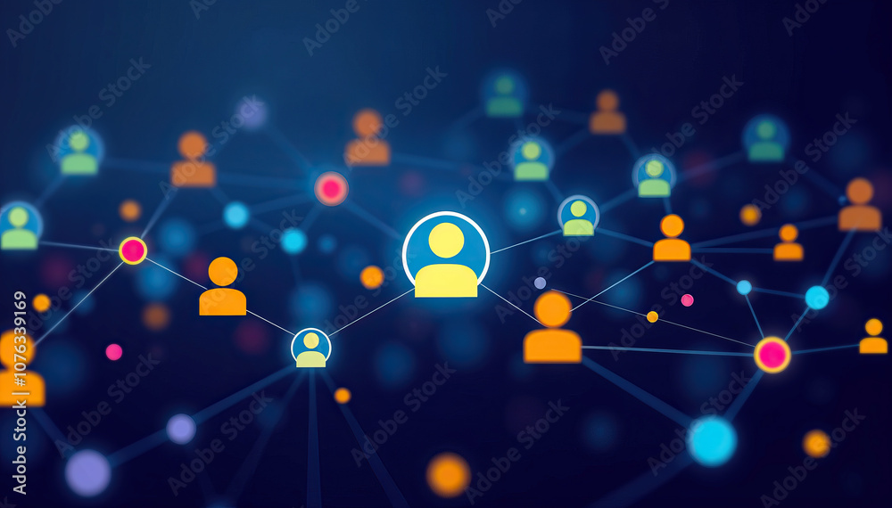 Poster glowing network connections with user icons on dark blue background social media digital communicati
