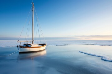 Fototapeta premium A solitary sailboat stands still on the icy waters of Latvia's coast, surrounded by glistening frozen landscapes under a clear blue sky, evoking a sense of peace and solitude.