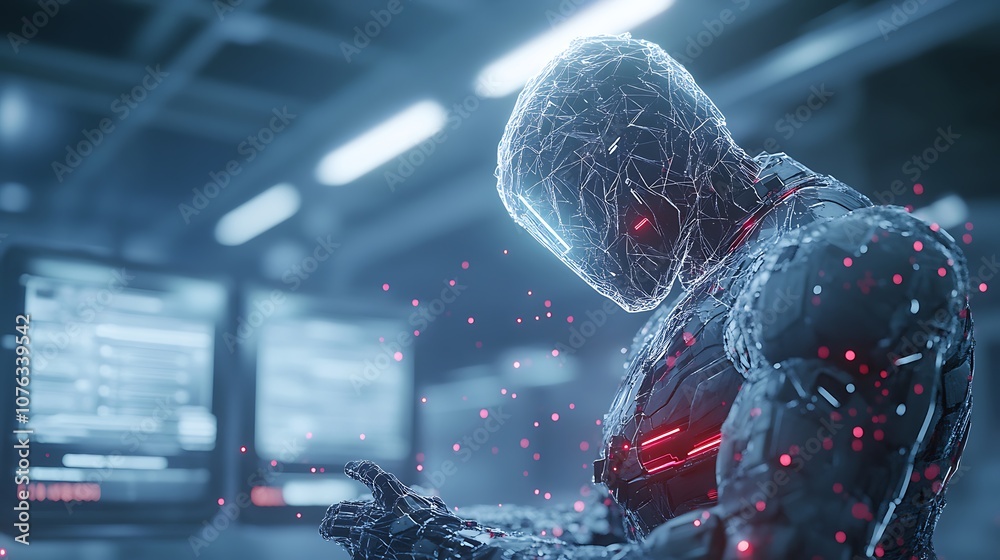 Aufkleber A futuristic robot made of digital particles interacts with a glowing interface in a tech-savvy environment, showcasing advanced sci-fi aesthetics.