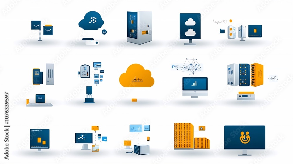 Aufkleber Comprehensive Cloud Networking Icon Set Showcasing Virtual Machines Data Scalable Cloud Storage Solutions for Digital Transformation and Efficient IT Infrastructure Management