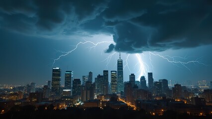 A thunderstorm brewing over a city skyline, with dark, ominous clouds swirling and lightning striking in the background. Raindrops begin to fall, creating a dramatic contrast with the illuminated