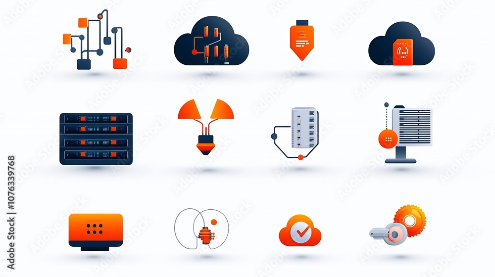 Poster Minimal Modern Icons Illustrating Virtual Hosting Cloud Based Application Services and Network Monitoring Tools in Flat Style on White Background  Conceptual Graphic Symbols for Digital Technology