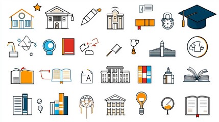 Comprehensive Icon Set Depicting the Essential Elements of the Education Sector Including School Buildings Graduation Caps and Books Crafted with Pixel Perfect 64x64 and Editable Strokes