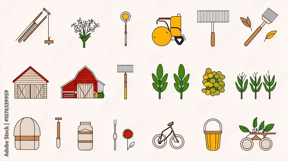 Poster a comprehensive set of icons representing the agriculture sector including farm tools crops barns an