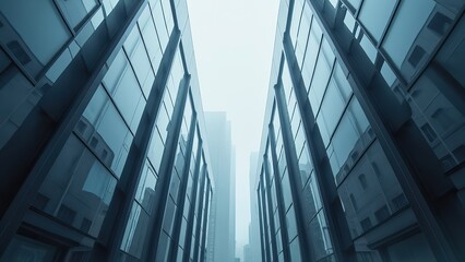 an abstract depiction of urban architecture with sharp angles and reflective surfaces in shades of grey and blue